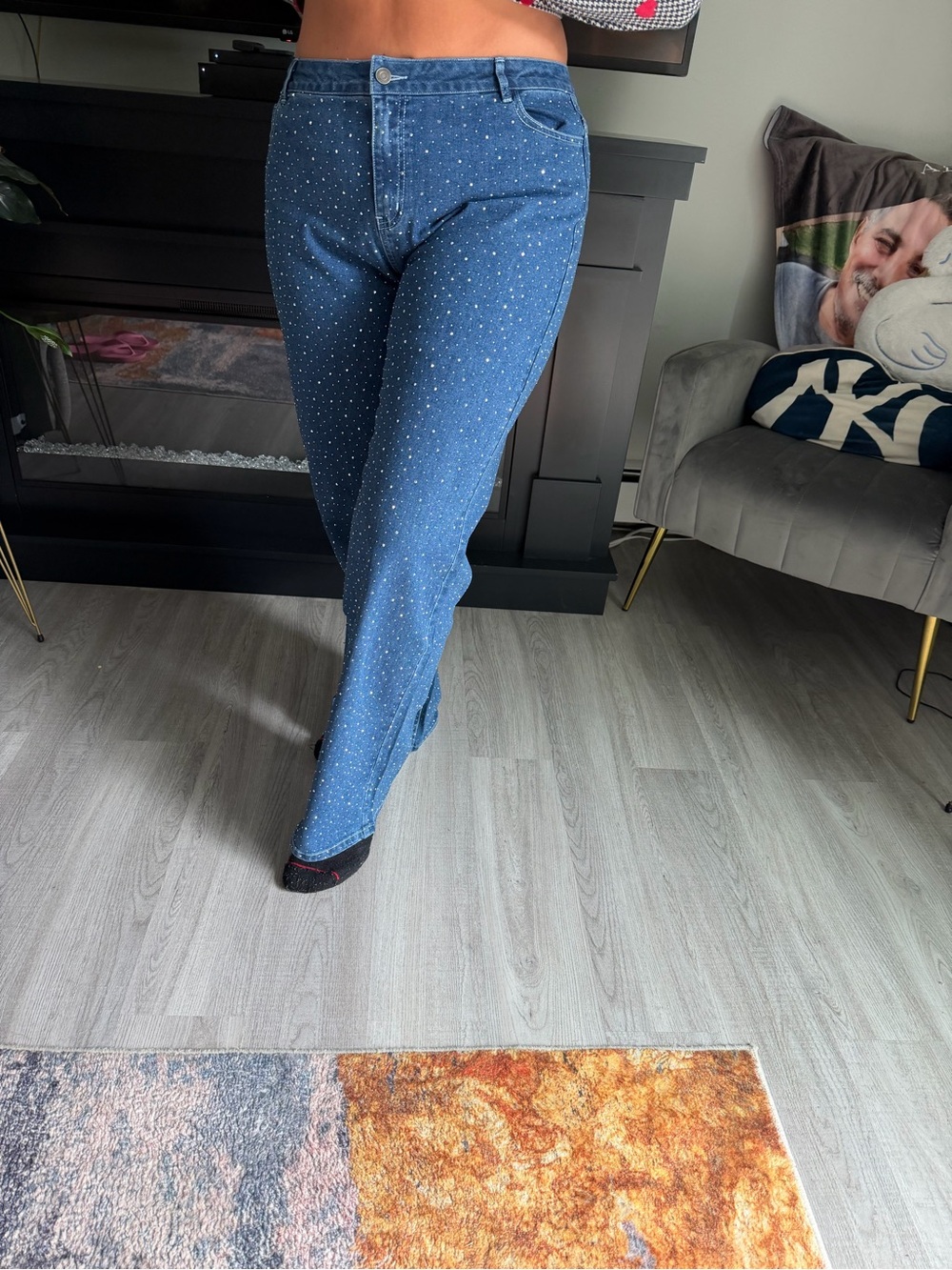 Women’s Blue Rhinestone Straight-Leg Jeans